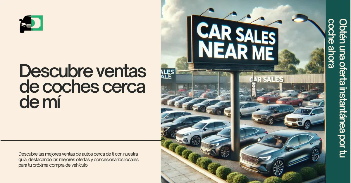 Lote de concesionaria de automóviles con un gran letrero que dice 'Venta de coches cerca de mí,' rodeado de varios vehículos listos para la venta.