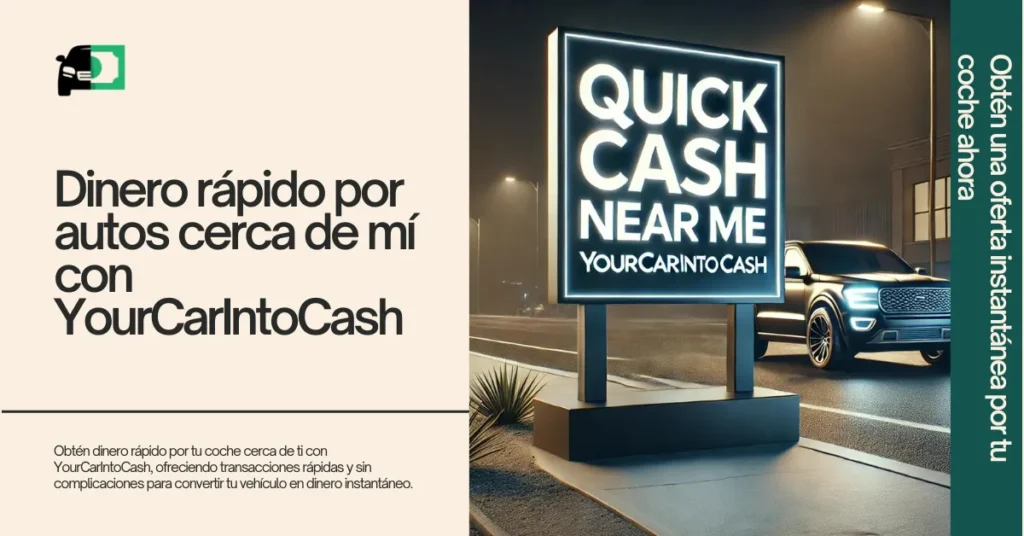 Una escena junto a la carretera por la noche con un gran cartel iluminado que dice "Quick Cash Near Me" y "YourCarIntoCash," promoviendo transacciones fáciles y rápidas para vender autos.