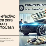 Una imagen promocional para YourCarIntoCash que presenta un coche moderno y elegante, una mano intercambiando un montón de dinero en efectivo y llaves de coche sobre un montón de dinero, destacando una oferta de efectivo instantáneo por tu coche.