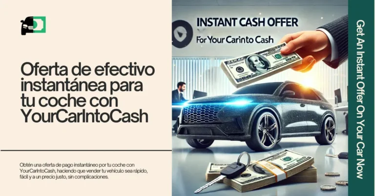 Una imagen promocional para YourCarIntoCash que presenta un coche moderno y elegante, una mano intercambiando un montón de dinero en efectivo y llaves de coche sobre un montón de dinero, destacando una oferta de efectivo instantáneo por tu coche.