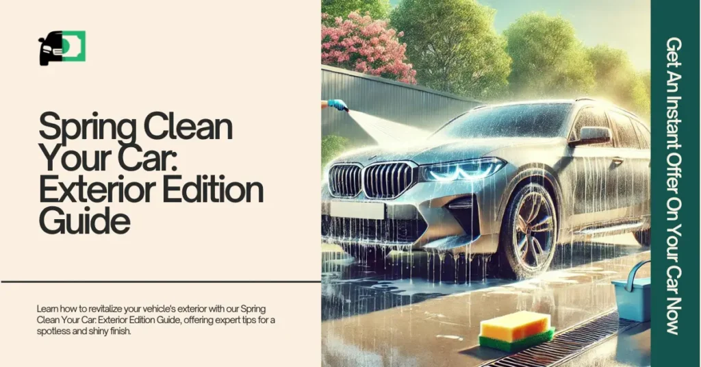 An image featuring a title and description about revitalizing your car's exterior with expert cleaning tips. The right side shows a car being washed, emphasizing a shiny, spotless finish. The image also includes a call-to-action for getting an instant offer on your car.