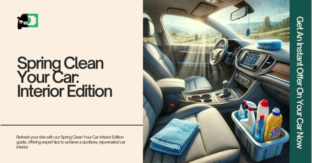 A bright and inviting car interior, freshly cleaned with sunlight streaming through the windows, showcasing cleaning supplies and tools, promoting a guide on how to spring clean your car's interior.