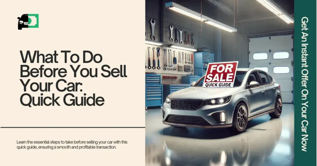 Silver car with a 'For Sale' sign in a well-equipped garage, emphasizing preparation before selling a vehicle.