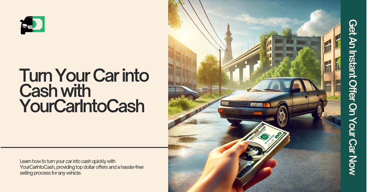 A highly realistic image of a used car parked on a street, with a hand holding cash in the foreground, representing a transaction for the vehicle