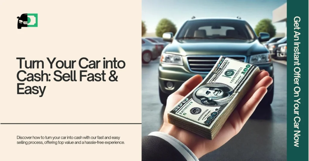 Image showing a person holding cash in front of a parked car, symbolizing the process of turning your car into cash quickly and easily.