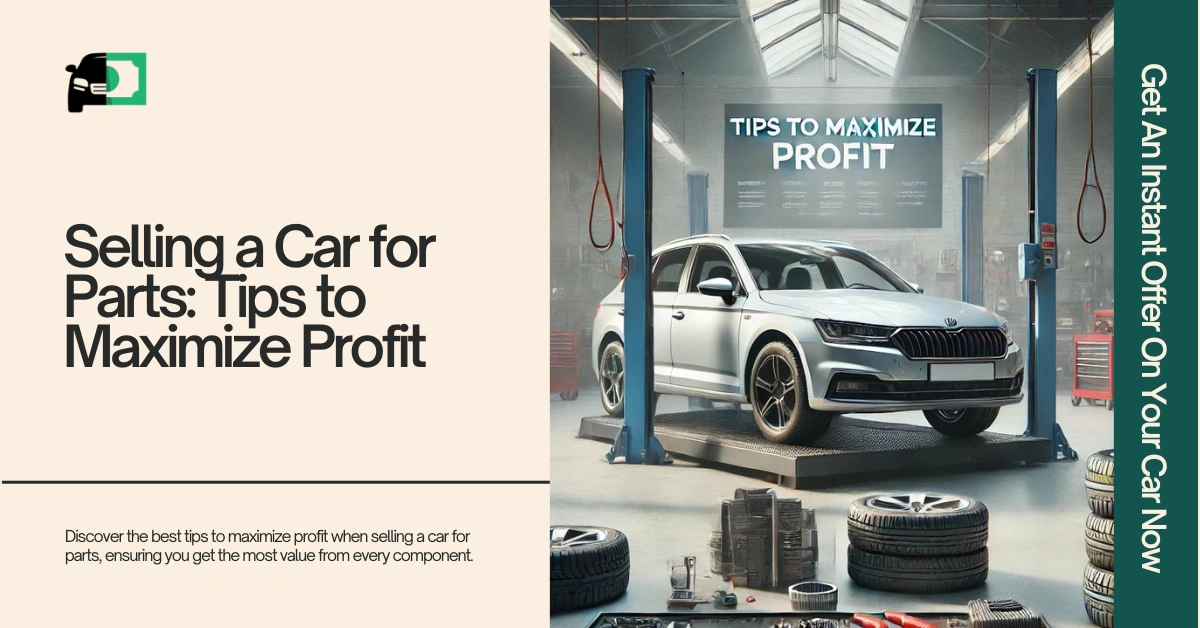 Image of a used car on a lift in a garage surrounded by tires and tools, with a sign in the background that says 'Tips to Maximize Profit,' highlighting strategies for selling a car for parts.