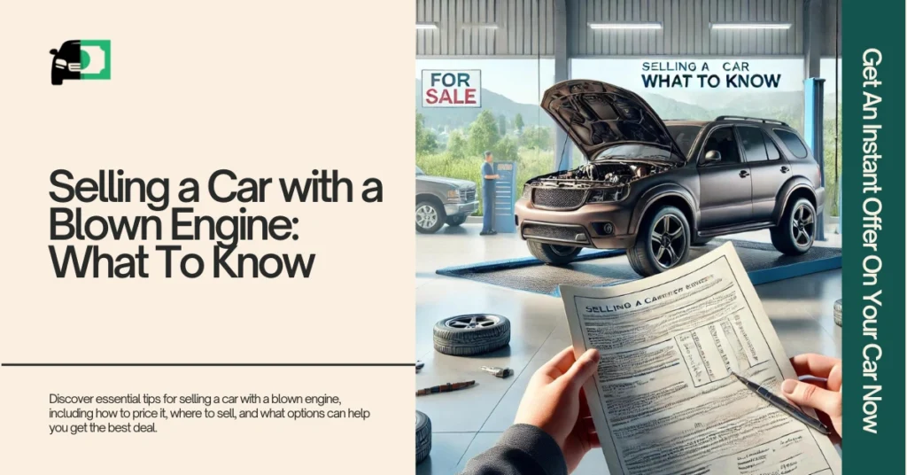 Image of a car with a blown engine for sale, highlighting key details about the selling process, with paperwork and a car mechanic's garage in the background.