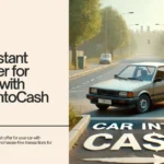 Image of a used car parked on a quiet street with the words 'Car Into Cash' painted on the road, promoting the process of getting an instant cash offer for your vehicle with YourCarIntoCash.