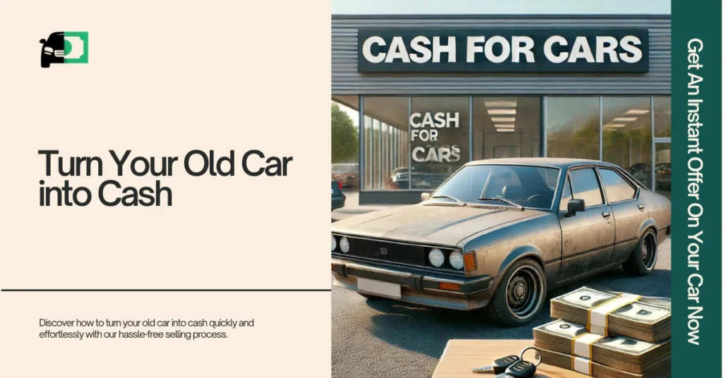 Image of an old car parked in front of a 'Cash for Cars' dealership, symbolizing the process of turning an old car into cash, with a stack of cash and car keys in the foreground.