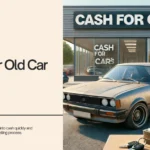 Image of an old car parked in front of a 'Cash for Cars' dealership, symbolizing the process of turning an old car into cash, with a stack of cash and car keys in the foreground.