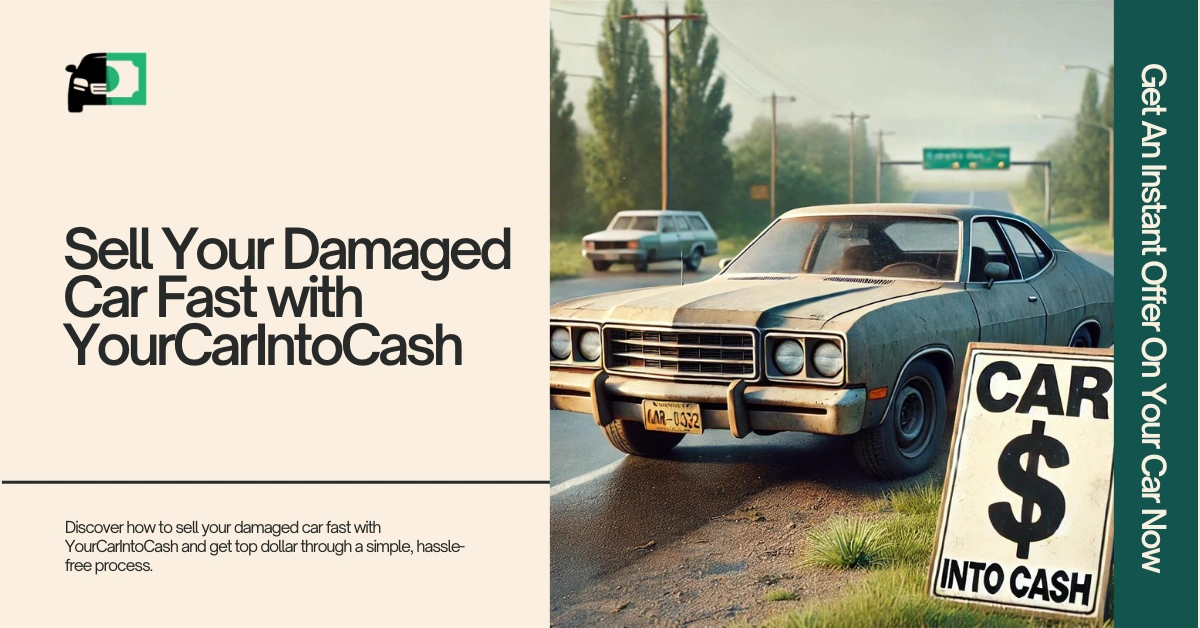 Image of a slightly damaged car parked on the roadside with a sign showing a dollar symbol, promoting a fast and hassle-free car sale with YourCarIntoCash.