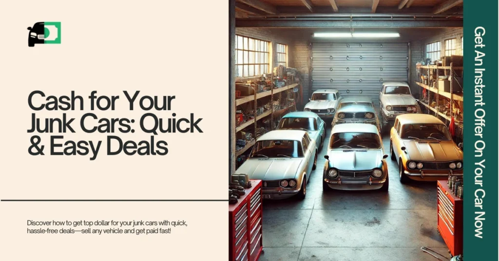 An image featuring a clean, organized garage with vintage cars lined up. The ad highlights how to quickly sell your junk cars for top dollar with hassle-free deals.