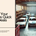 An image featuring a clean, organized garage with vintage cars lined up. The ad highlights how to quickly sell your junk cars for top dollar with hassle-free deals.