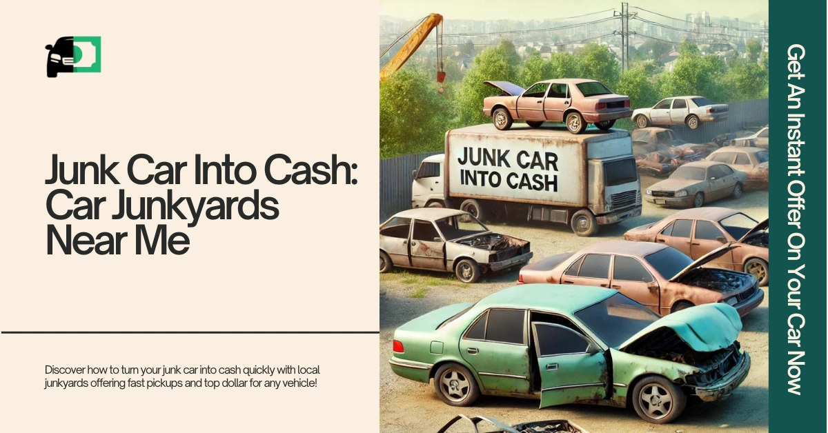 Image of a junkyard with slightly damaged cars and a truck displaying the text 'Junk Car Into Cash.' The scene highlights the process of turning junk cars into cash, with a clean and organized junkyard setting.