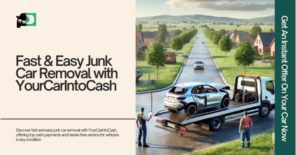 Image of a tow truck removing a damaged car in a suburban neighborhood with two people holding a checklist, representing fast and easy junk car removal with YourCarIntoCash.